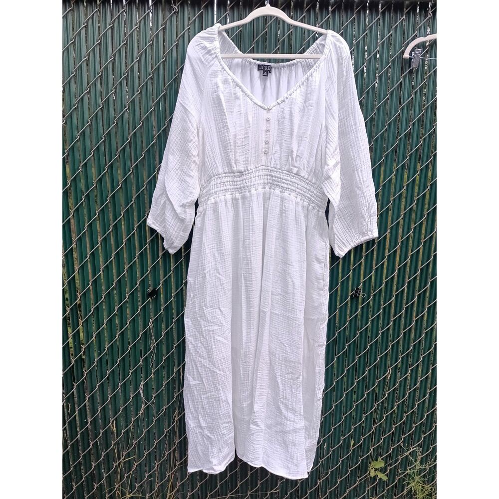 J.Crew White Double Gauze Cotton Midi Dress XL Long Sleeve Smocked Waist Boho